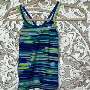 Nike Blue Green & White Striped Racerback Cross Strap Tankini Swim Top szYouth M